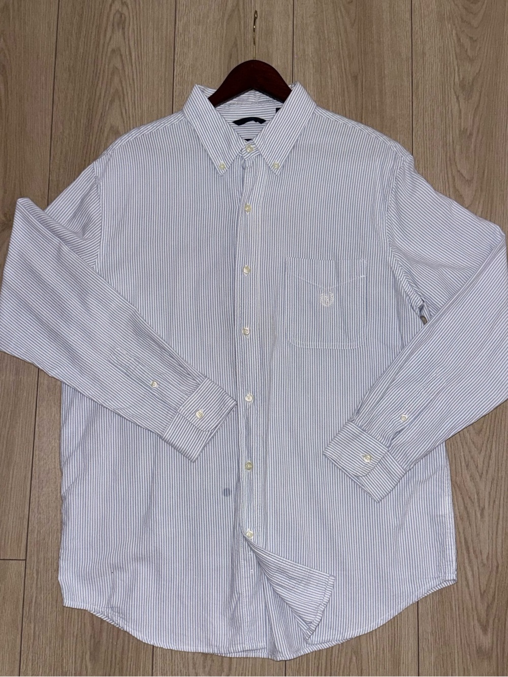 Chaps Ralph Lauren Mens L Clasic Oxford Blue White Stripe Button Up Dress Shirt